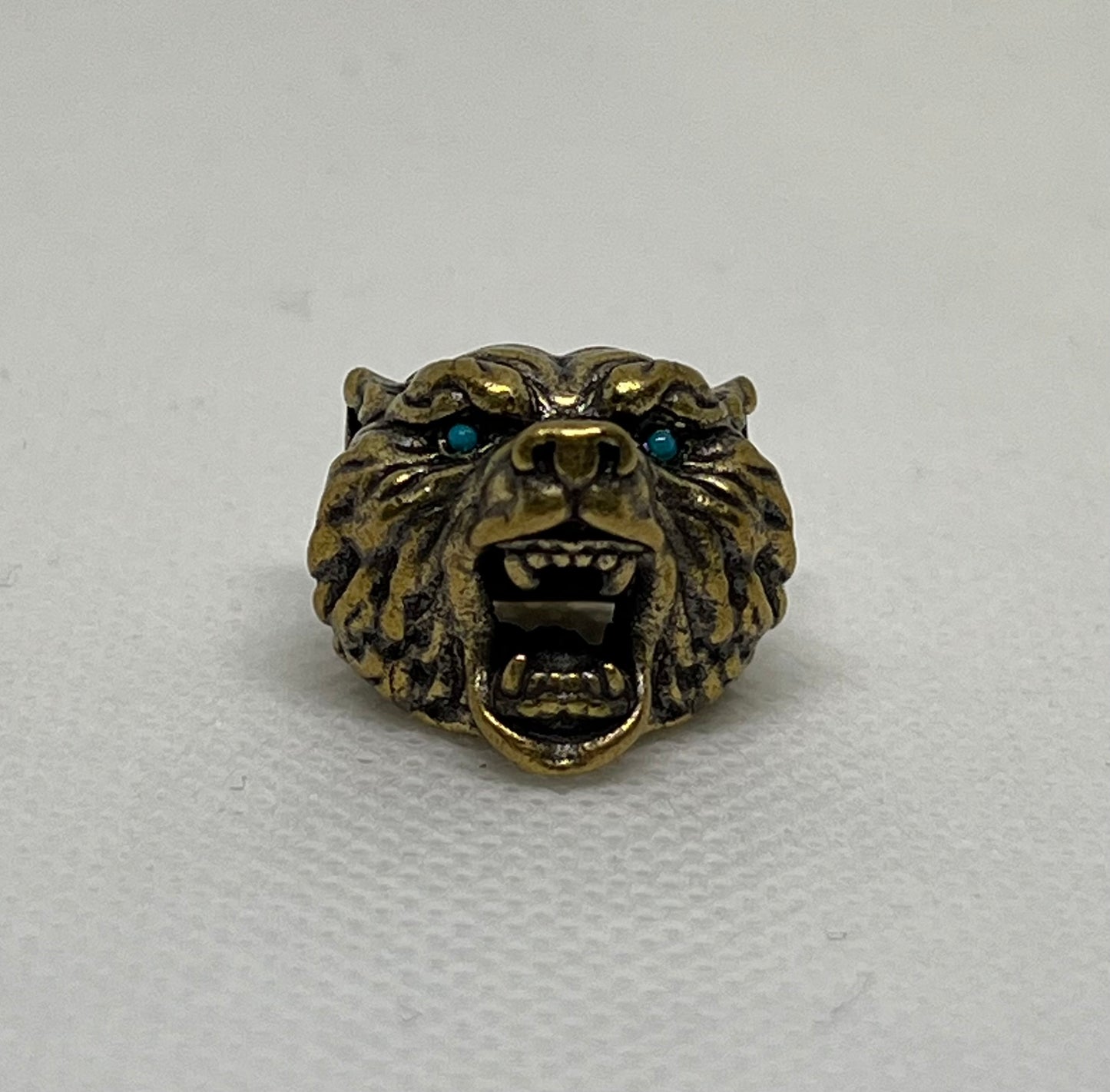 Brass Bear With Aqua Eyes Lanyard Bead, EDC Paracord Bead