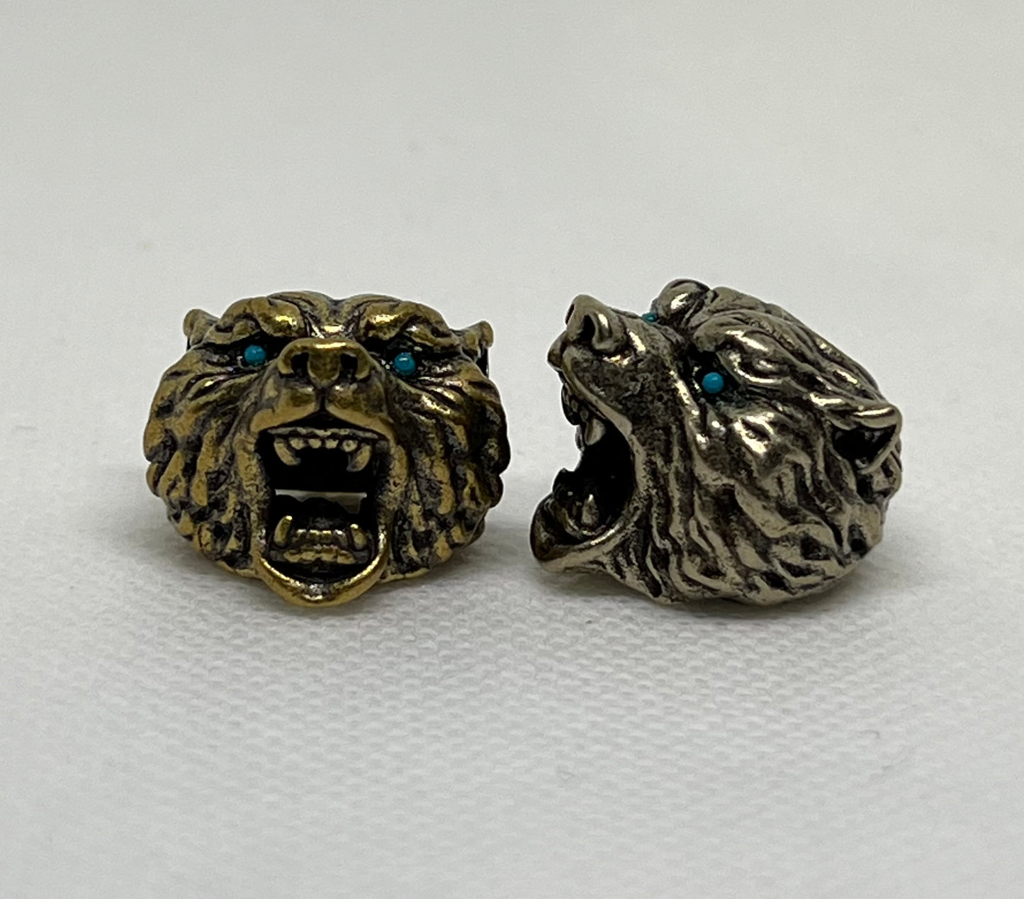 Brass Bear With Aqua Eyes Lanyard Bead, EDC Paracord Bead