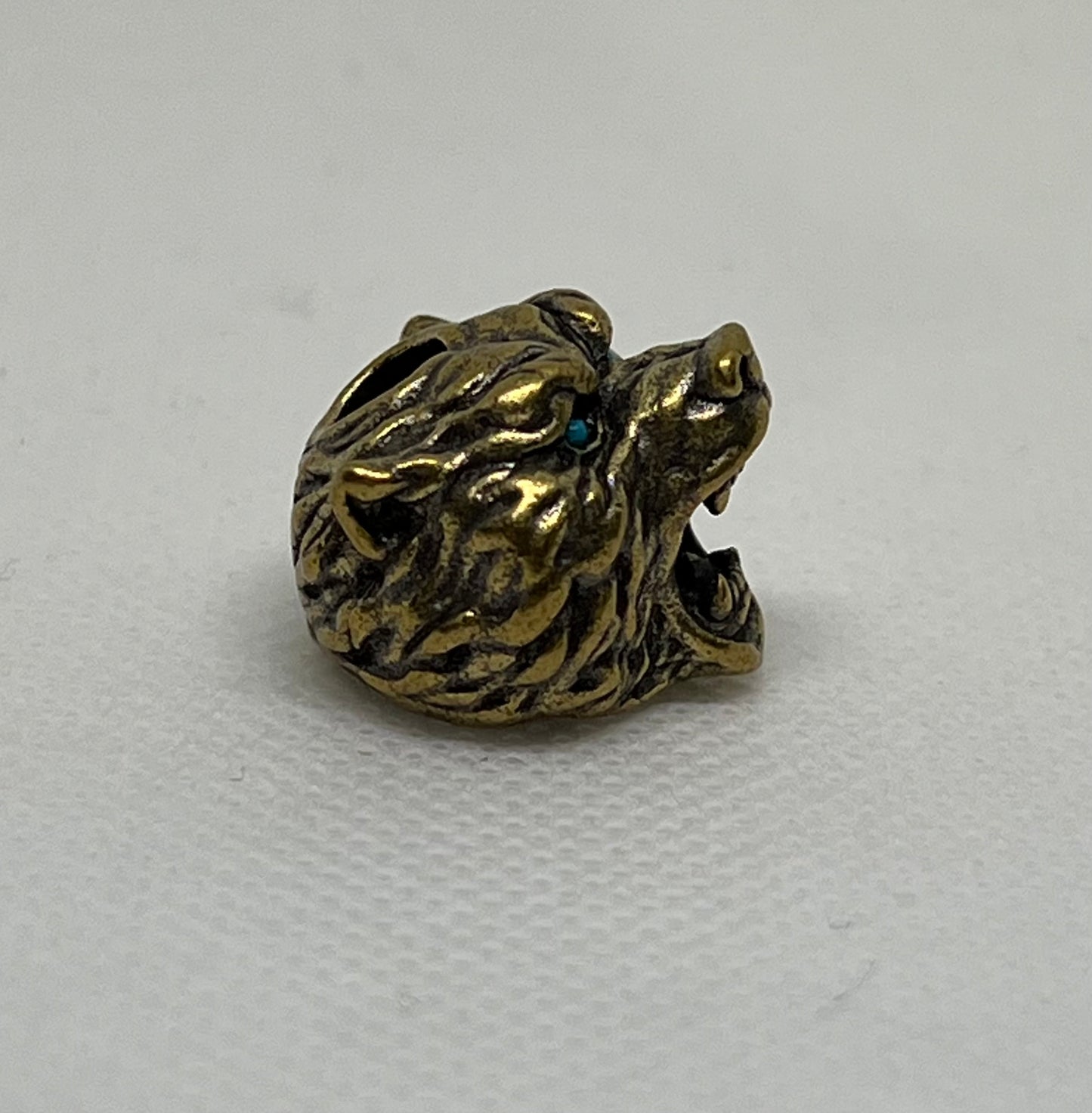 Brass Bear With Aqua Eyes Lanyard Bead, EDC Paracord Bead