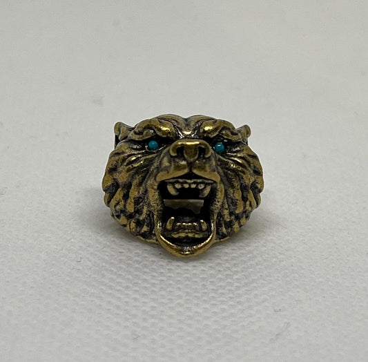 Brass Bear With Aqua Eyes Lanyard Bead, EDC Paracord Bead
