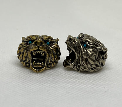 Brass Bear With Aqua Eyes Lanyard Bead, EDC Paracord Bead